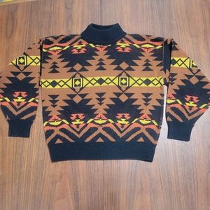 Vintage 80s Jumper RAFFERTY Moc Neck Southwest Knit Brown Black Large Sweater